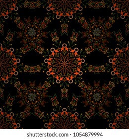 Vector illustration. Green and orange vintage baroque ornament. Decorative design element filigree calligraphy. Retro seamless pattern antique style acanthus.