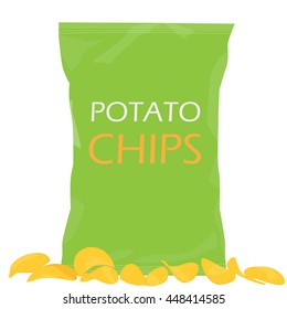 Vector illustration green pack with potato chips. Chips bag