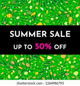 Vector illustration with green palm leaf on backgroundwith multy colored drops. Black text frame with phrase "Summer sale. Up to 50% off". Trendy design