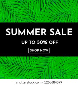 Vector illustration with green palm leaf on background. Black text frame with phrase "Summer sale. Up to 50% off. Shop now". Trendy design