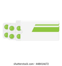 Vector illustration green paper box for tablets and pills in a blister pack.