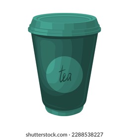 A vector illustration of a green paper cup with the word tea written on it in white. Vector illustration