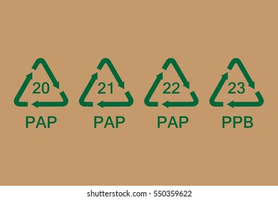 Vector illustration green paper recycle, recycling symbols, signs, codes icon set, collection isolated. PAP 