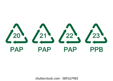 Vector illustration green paper recycle, recycling symbols, signs, codes icon set, collection isolated on white background. PAP  svg