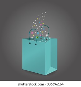 Vector illustration of a green paper shopping bag or a gift bag with lights and stars flying out of it. 