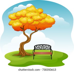 Vector illustration of Green park with bench under autumn tree