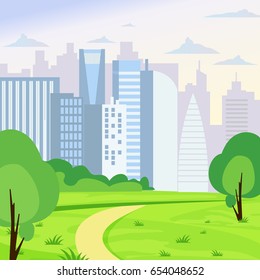 Vector illustration of green park landscape on big business city background in flat cartoon style.