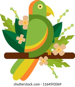 vector illustration of a green parrot on a branch with flowers without a background