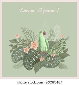 Vector illustration of green  parrot with tropical foliage and flowers  on  mint green background 