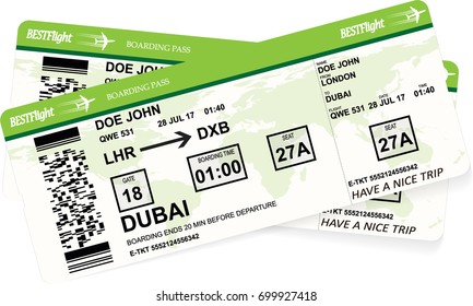 Vector illustration of green pattern of a boarding pass or air ticket with map of world on background