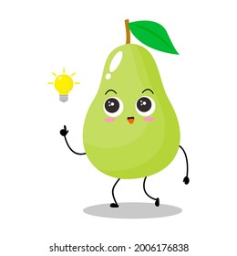 Vector illustration of green pear character with cute expression, get an idea, adorable green apple isolated on white background, simple minimal style, fresh fruit for mascot collection, emoticon