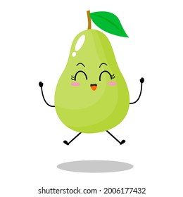 Vector illustration of green pear character with cute expression, happy, jump, celebration, apple isolated on white background, simple minimal style, fresh fruit for mascot collection, emoticon