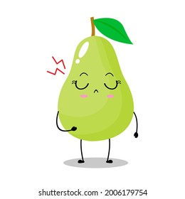 Vector illustration of green pear character with cute expression, sad, upset, green apple isolated on white background, simple minimal style, fresh fruit for mascot collection, emoticon