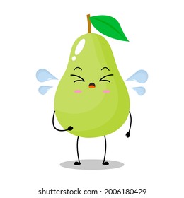 Vector illustration of green pear character with cute expression, sad, cry, green apple isolated on white background, simple minimal style, fresh fruit for mascot collection, emoticon