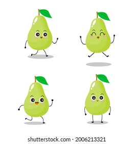 Vector illustration of green pear character with cute expression, funny, adorable green apple pear isolated on white background, simple minimal style, fresh fruit for mascot collection, emoticon
