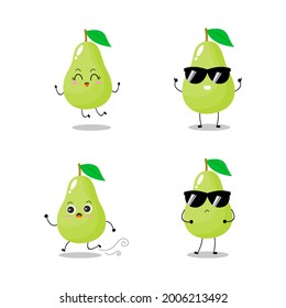 Vector illustration of green pear character with various cute expression, adorable green apple pear isolated on white background, simple minimal style, fresh fruit for mascot collection, emoticon