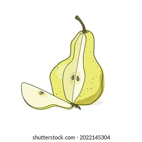 Vector illustration. Green pear cut together with a slice