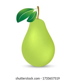 Vector illustration of a green pear with leaves on a white background. Design element for print and web.