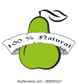 Vector illustration green pear silhouette.Natural product fresh food calligraphic lettering label badge