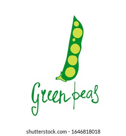 Ilustración vectorial de guisantes verdes. Mano dibujada.Letras.