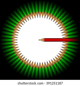 vector illustration green pencils arranged in a circle and a red pencil stands, the image is isolated and placed in a dark contour.