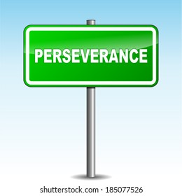 Vector illustration of green perseverance signpost on sky background