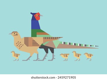 Vector illustration of green pheasant family.