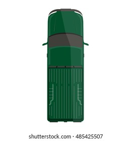 Vector illustration green pick up car, truck top view.