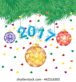 vector illustration of a green pine tree or Christmas tree with hanging Christmas ball on white background,Happy New Year two thousand and seventeen