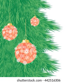 vector illustration of a green pine tree or Christmas tree with hanging Christmas ball on white background