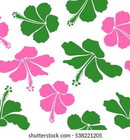 Vector illustration in green and pink colors on a white background. Seamless tropical flower, hibiscus pattern.