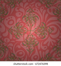 Vector illustration. Green and pink damask paisley wallpaper. Seamless background, grunge style.