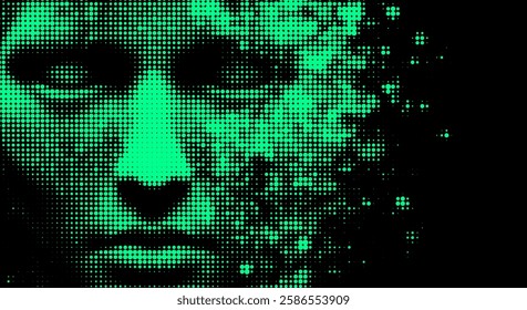 Vector illustration of a green pixelated face emerging from darkness, with parts dissolving into digital dots. It conveys a futuristic, abstract theme blending technology and human elements.