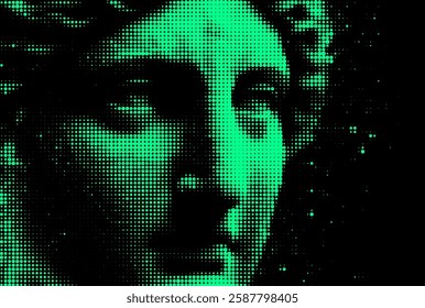 Vector illustration of a green pixelated face of a classical statue emerging from darkness, with parts dissolving into digital dots. It conveys a futuristic, abstract theme.