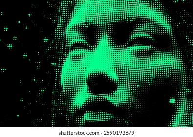 Vector illustration of a green pixelated face emerging from darkness, with parts dissolving into digital dots. It conveys a futuristic, abstract theme blending technology and human elements.