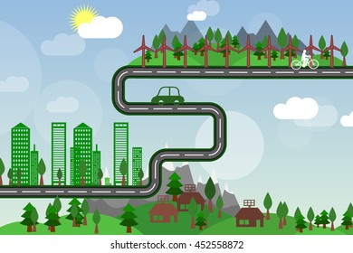 Vector illustration of a green planet. City.
