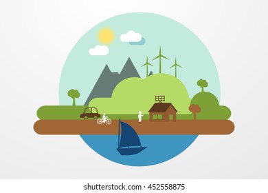 Vector illustration of a green planet. City.
