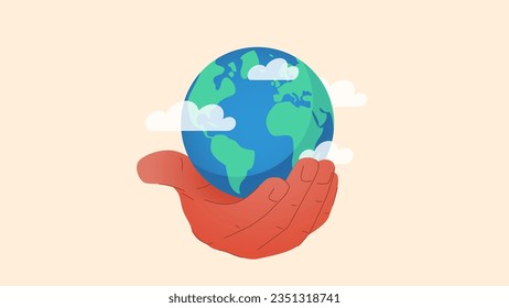 Vector illustration of green planet Earth on the hand. Save the Planet illustration, represents sustainable practices, protection of the environment, nature harmony, ecosystem conservation, clean air