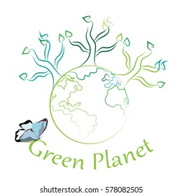 Vector illustration of green planet Earth with trees up. Buttetfly, trees and planet on white background.