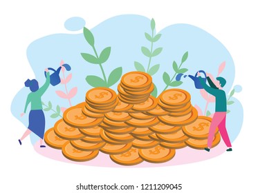 vector illustration green plant and gold money coins, white background, World reserve currencies, Dollar growth. Invest, business, start up concept, Business investment, teamwork, salary.