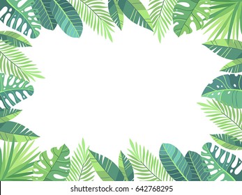 Vector illustration. Green plants, exotic leaves, banana leaf, areca palm, botany, flora. Tropical frame, place for your text. White background isolated. Wedding invitation or card design