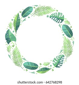 Vector illustration. Green plants, exotic leaves, banana leaf, areca palm, botany, flora. Tropical frame, place for your text. White background isolated. Wedding invitation or card design