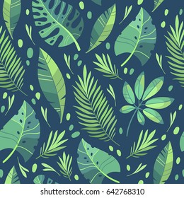 Vector illustration. Green plants, exotic leaves, banana leaf, areca palm, botany, flora. Tropical pattern. Dark background 