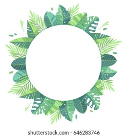 Vector illustration. Green plants, exotic leaves, banana leaf, areca palm, botany, flora. Tropical frame, place for your text. White background isolated. Wedding invitation or card design