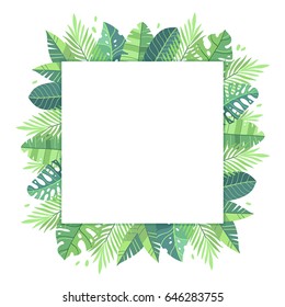 Vector illustration. Green plants, exotic leaves, banana leaf, areca palm, botany, flora. Tropical frame, place for your text. White background isolated. Wedding invitation or card design