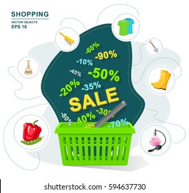 Vector illustration. Green plastic shopping basket discount. Selling a wide variety of goods. Sale, interest