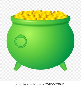 Vector illustration of green pot filled with gold coins on transparent background