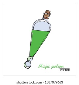 Vector illustration of green potion bottles. Drawn by hand in doodle style, black outline on a white background.For magic salons,books,book illustrations,creating designs,cards, fortune telling cards.