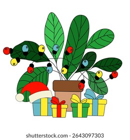 Vector illustration of a green potted plant decorated with colorful Christmas lights, surrounded by festive gift boxes. A cheerful and eco-friendly holiday composition.
