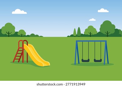 Vector illustration of a green public park playground with a yellow slide and blue swing set on a grass field.